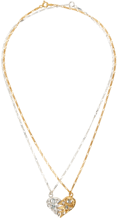 Mgn Ssense Exclusive Gold & Silver Split Heart Necklace In Silver/ Gold