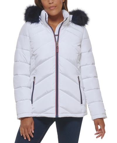 Tommy Hilfiger Women's Faux-fur-trim Hooded Puffer Coat In White