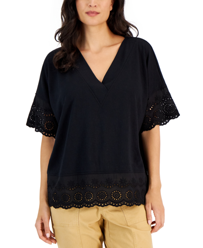 Style & Co Women's Lace-trimmed Dolman-sleeve Tunic, Created For Macy's In Deep Black