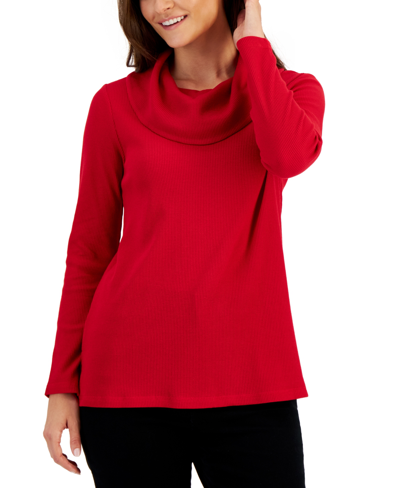 Karen Scott Women's Mini Waffle Cowlneck Top, Created For Macy's In New Red Amore