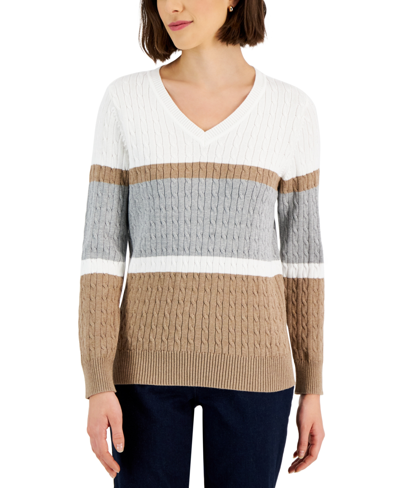Karen Scott Women's Cable-knit Brighton Striped Sweater, Created For Macy's In Chestnut Heather Combo