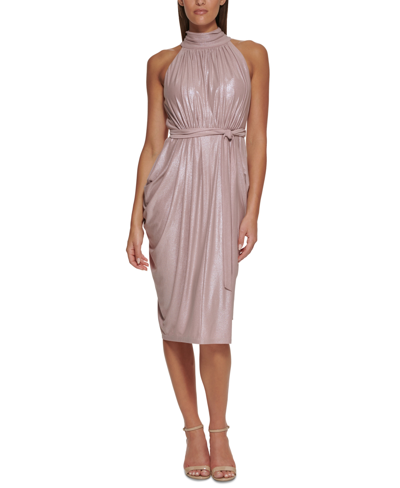 Tommy Hilfiger Women's Fog Foil-knit Belted Halter Dress In Rose/silver |  ModeSens