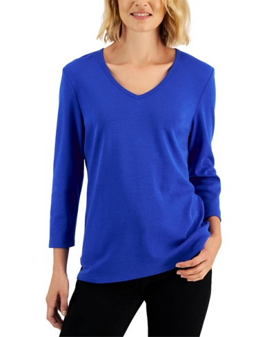 Karen Scott V-neck 3/4-sleeve Top, Created For Macy's In Ultra Blue