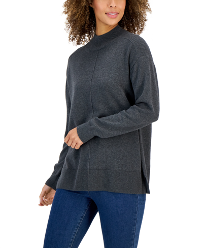 Karen Scott Women's Cotton Seam-front Mock Neck Sweater, Created For Macy's In Charcoal Heather