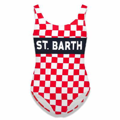 Mc2 Saint Barth Kids' White And Red Check Print Girls One Piece