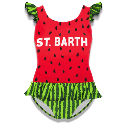Mc2 Saint Barth Kids' Watermelon Print With Girls One Piece Swimsuit With Ruffle In Red