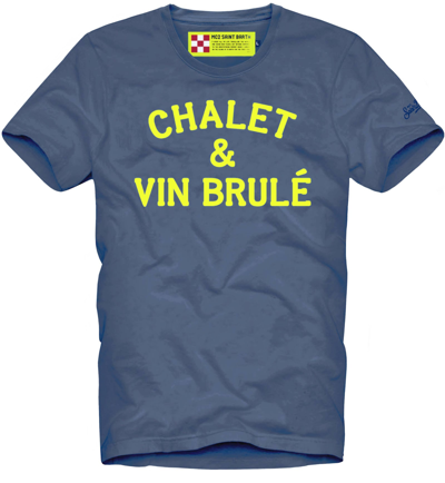 Mc2 Saint Barth T-shirt Man Chalet & Vin Brulé Neon Yellow Print In Blue