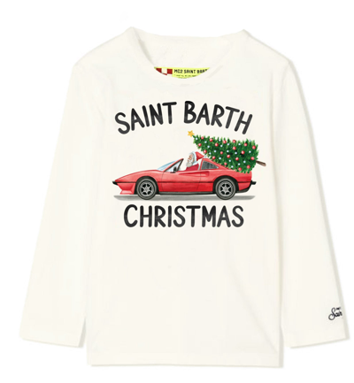 Mc2 Saint Barth Kids' T-shirt Boy Saint Barth Christmas Print In White