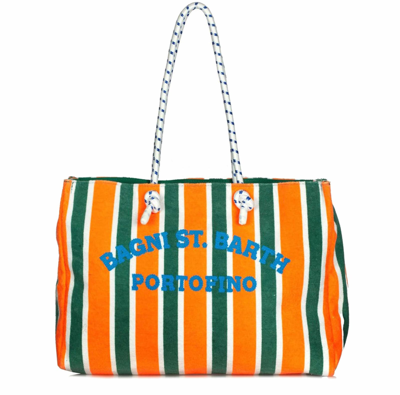 Mc2 Saint Barth Sponge Striped Bag With Embroidery In Green