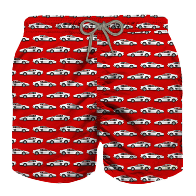 Mc2 Saint Barth Kids' Sporty Car Print Light Fabric Boy Swim Shorts In Red