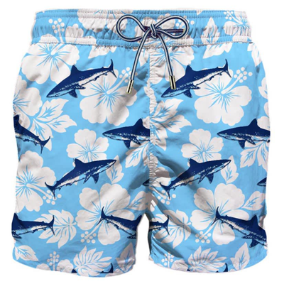 Mc2 Saint Barth Sharks Velvet Print Mid-length Swim Shorts In Blue