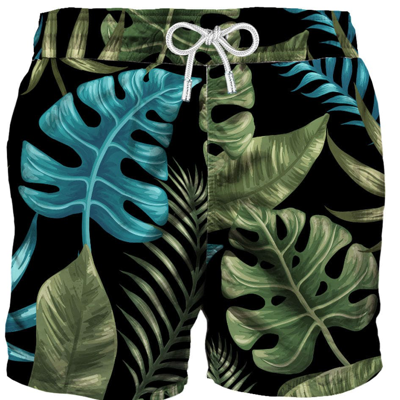 Mc2 Saint Barth Multicolor Tropical Leaves Print Mid-length Swim Shorts In Black