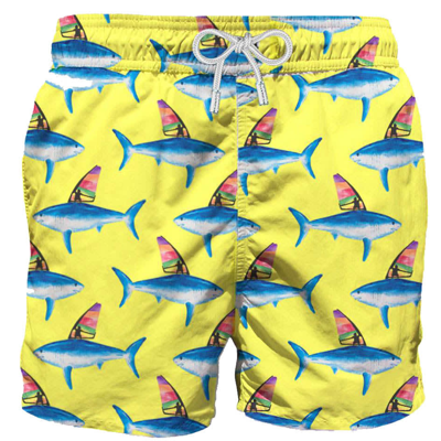 Mc2 Saint Barth Mid-length Swim Shorts With Sharks Print In Yellow