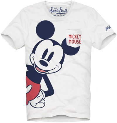 Mc2 Saint Barth Kids' Mickey Mouse Printed And Embroidered Pocket Boy T-shirt - Disney© Special Edition In White