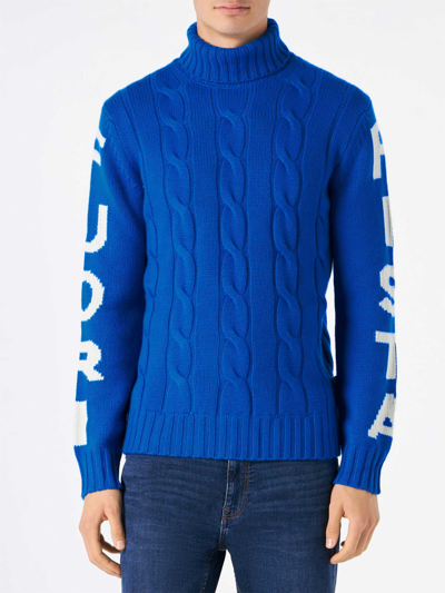 Mc2 Saint Barth Man Turtleneck Braided Sweater With Fuori Pista Print In Blue
