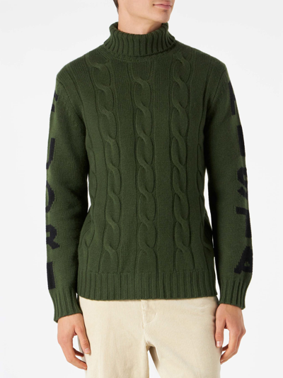 Mc2 Saint Barth Man Turtleneck Braided Sweater With Fuori Pista Print