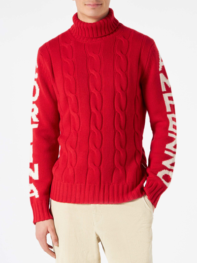 Mc2 Saint Barth Man Turtleneck Braided Sweater With Cortina Ampezzo Print In Red