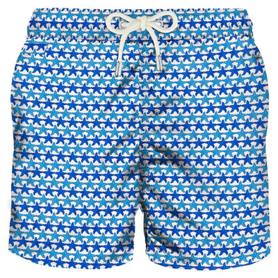 Mc2 Saint Barth Man Swim Shorts With Starfishes Print In White