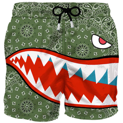 Mc2 Saint Barth Man Swim Shorts With Shark Print In Green