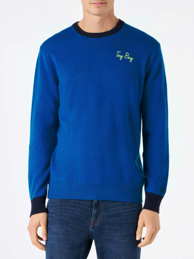 Mc2 Saint Barth Man Sweater With Toy Boy Embroidery In Blue
