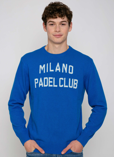 Mc2 Saint Barth Man Sweater With Milano Padel Club Jacquard Print In Blue