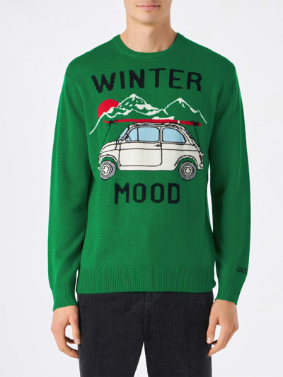 Mc2 Saint Barth Man Sweater With Car Print In Green