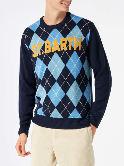 Mc2 Saint Barth Man Sweater With Argyle Print In Blue