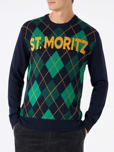 Mc2 Saint Barth Man Sweater With Argyle Print In Blue