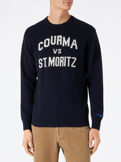 Mc2 Saint Barth Man Navy Blue Sweater With Lettering