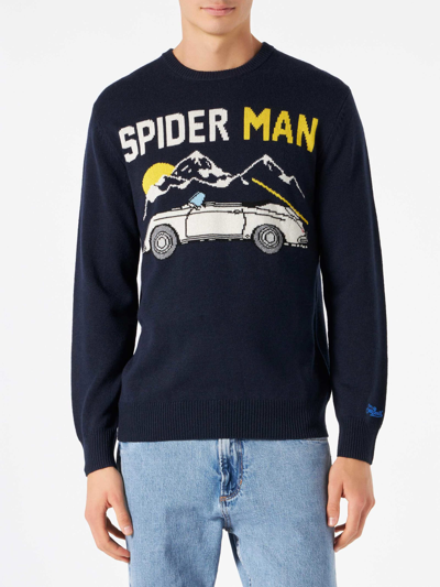 Mc2 Saint Barth Navy Sweater With Car Print Speed Man 61  In Blue