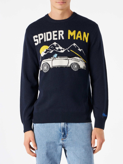 Mc2 Saint Barth Man Navy Blue Sweater With Car Print