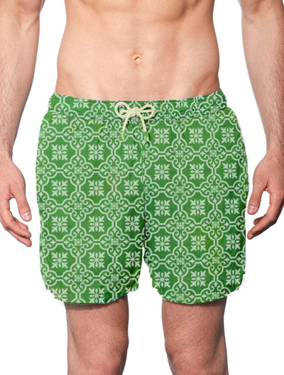 Mc2 Saint Barth Man Linen Swim Short With Patterned Print In Green