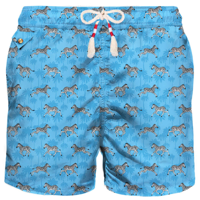 Mc2 Saint Barth Man Light Fabric Swim Shorts With Zebra Print In Blue