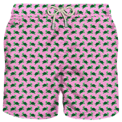 Mc2 Saint Barth Man Light Fabric Swim Shorts With Turtle Print In Pink