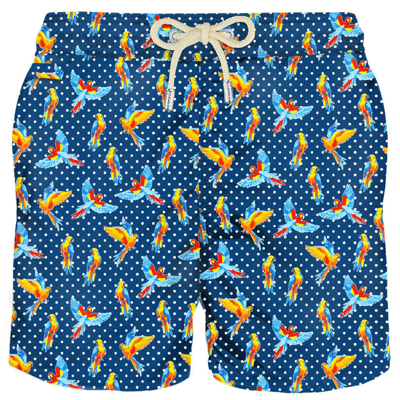 Mc2 Saint Barth Man Light Fabric Swim Shorts With Tropical Bridies Print In Blue