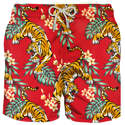 Mc2 Saint Barth Man Light Fabric Swim Shorts With Tiger Print In Red