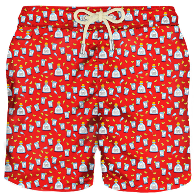 Mc2 Saint Barth Man Light Fabric Swim Shorts With Tequila Print In Red