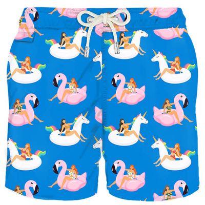 Mc2 Saint Barth Man Light Fabric Swim Shorts With Summer Girls Print In Blue