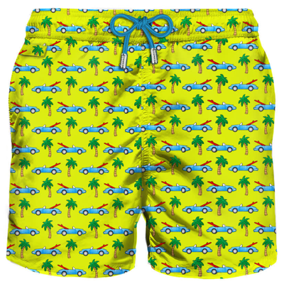 Mc2 Saint Barth Man Light Fabric Swim Shorts With Surfcar Print In Yellow