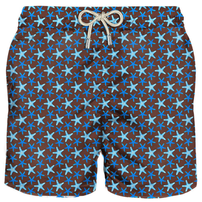 Mc2 Saint Barth Man Light Fabric Swim Shorts With Star Print In Brown