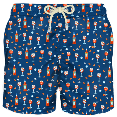Mc2 Saint Barth Man Light Fabric Swim Shorts With Spritz Print Aperol Special Edition In Navy Orange