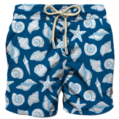Mc2 Saint Barth Man Light Fabric Swim Shorts With Shells Print In Blue