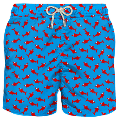 Mc2 Saint Barth Man Light Fabric Swim Shorts With Shark Print In Blue