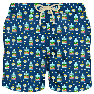 Mc2 Saint Barth Man Light Fabric Swim Shorts With Portofino Gin Print Portofino Dry Gin Special Edition In Blue