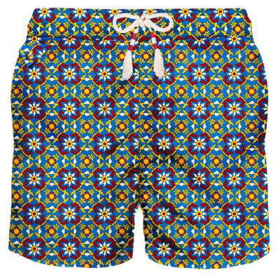 Mc2 Saint Barth Man Light Fabric Swim Shorts With Pattern In Blue