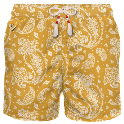 Mc2 Saint Barth Man Light Fabric Swim Shorts With Paisley Print In Yellow