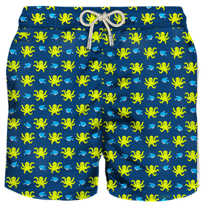 Mc2 Saint Barth Man Light Fabric Swim Shorts With Octopus Print In Blue
