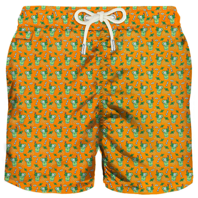Mc2 Saint Barth Man Light Fabric Swim Shorts With Mojito Print In Orange