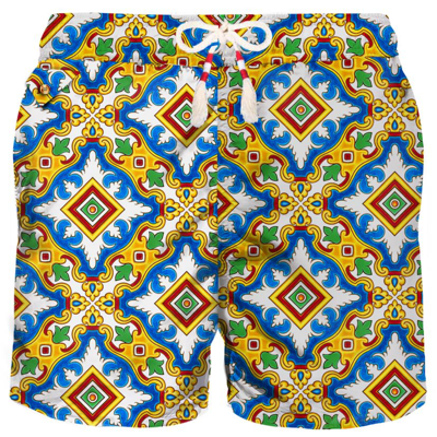 Mc2 Saint Barth Man Light Fabric Swim Shorts With Majolica Print In White