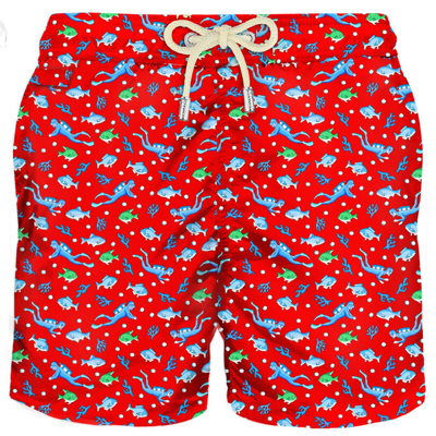 Mc2 Saint Barth Man Light Fabric Swim Shorts With Diver Print In Red